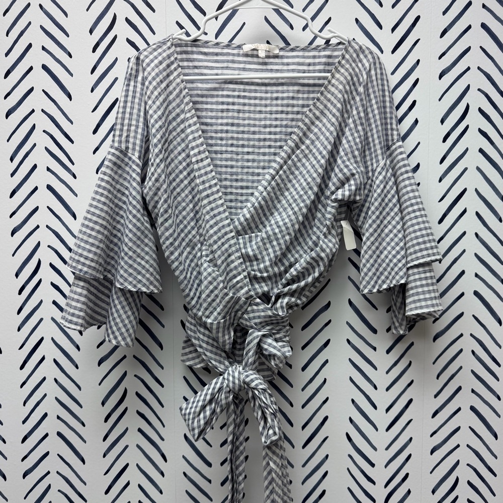 Wayf Navy and White Gingham Plaid Wrap Blouse - S